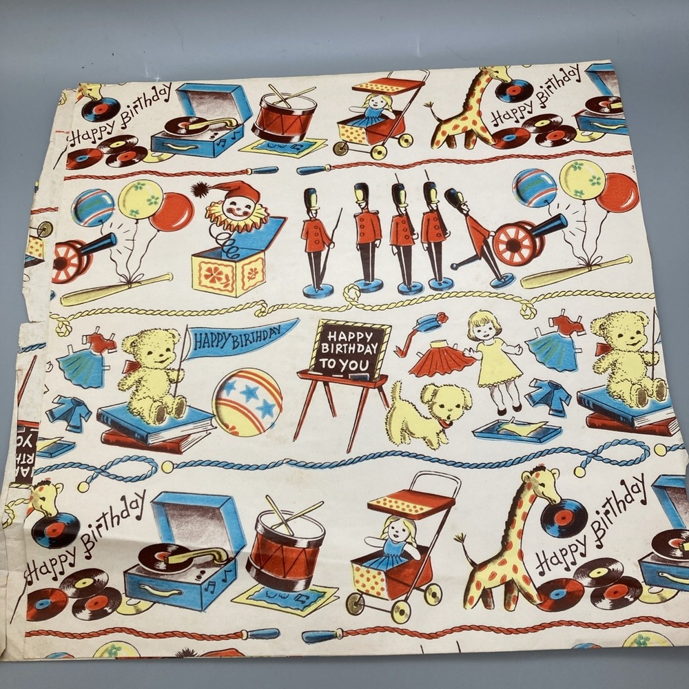 Vintage Child's Birthday Partial Sheet Of Paper Gift wrap Doll Soldier Balloons